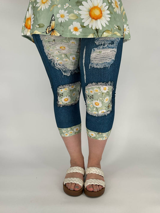 Daisy Butterfly Denim Capri w/ Back Pockets