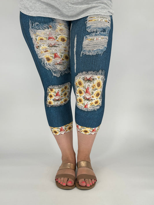Denim Sunflower Gnome Capri w/ Pockets